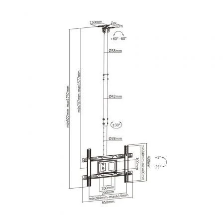 Aisens Soporte de Techo Giratorio CT80TSE-075 para TV de 37-80 pulgadas, 50kg, Negro
